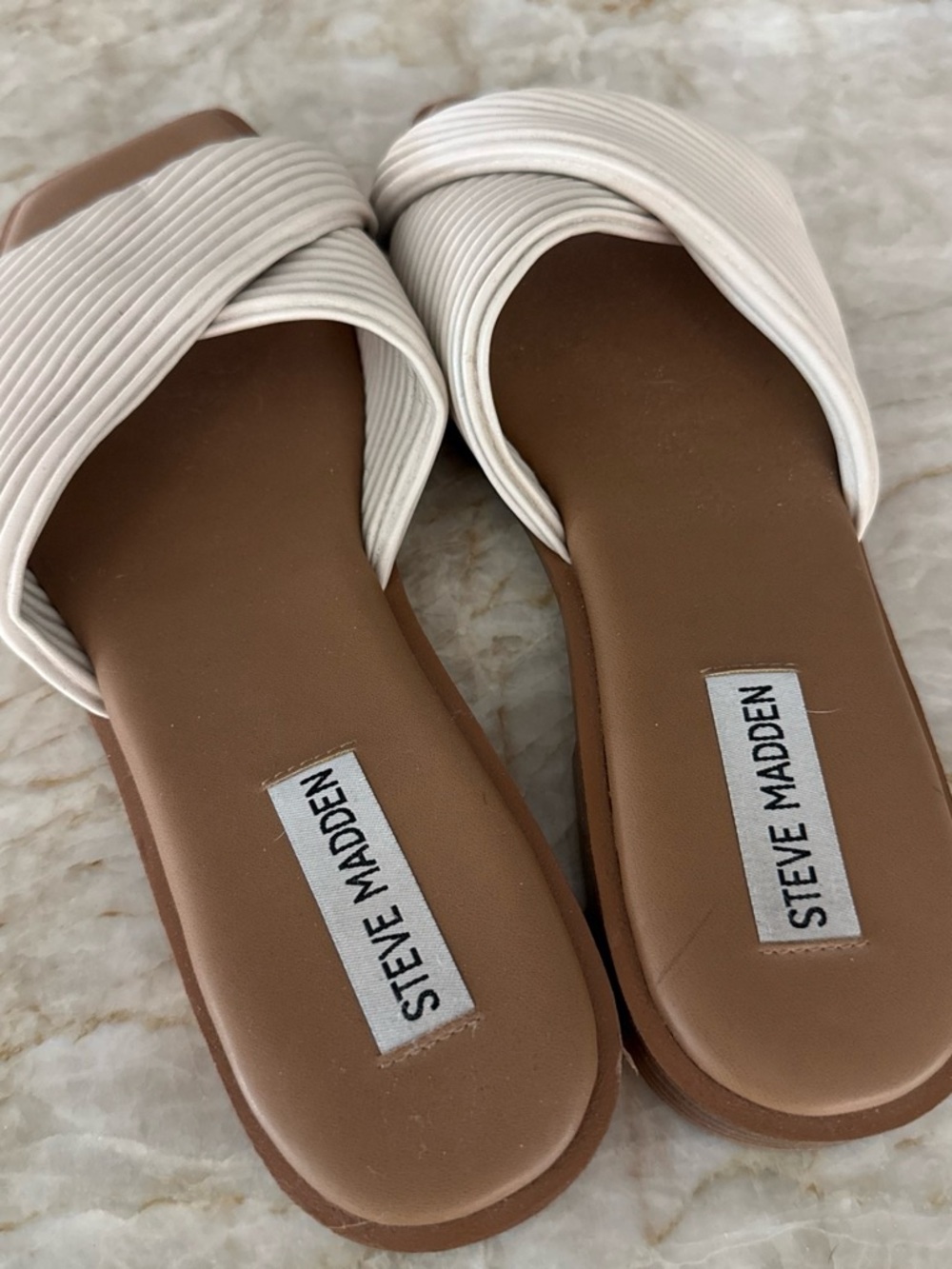 Steve Madden Cream Ribbed Crossover Slide Sandals - Picture 3 of 3